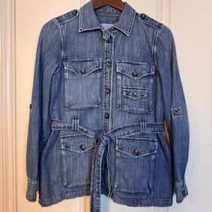 Gap 1969 blue denim shore jacket Multi Pocket Equestrian tie belt size Medium